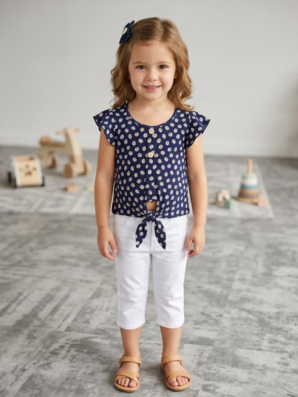 paper doll Navy Daisy Tie-Front Top